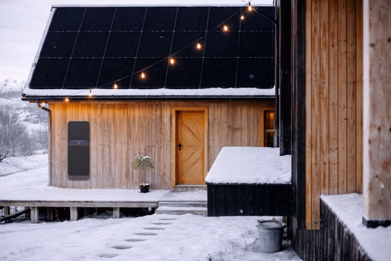 Solceller på vintern och Polarium hembatteri på träfasad